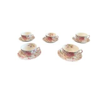 Johnson Brothers VTG Rose Chintz Pink Floral England 5 Teacup and Saucer Set‎